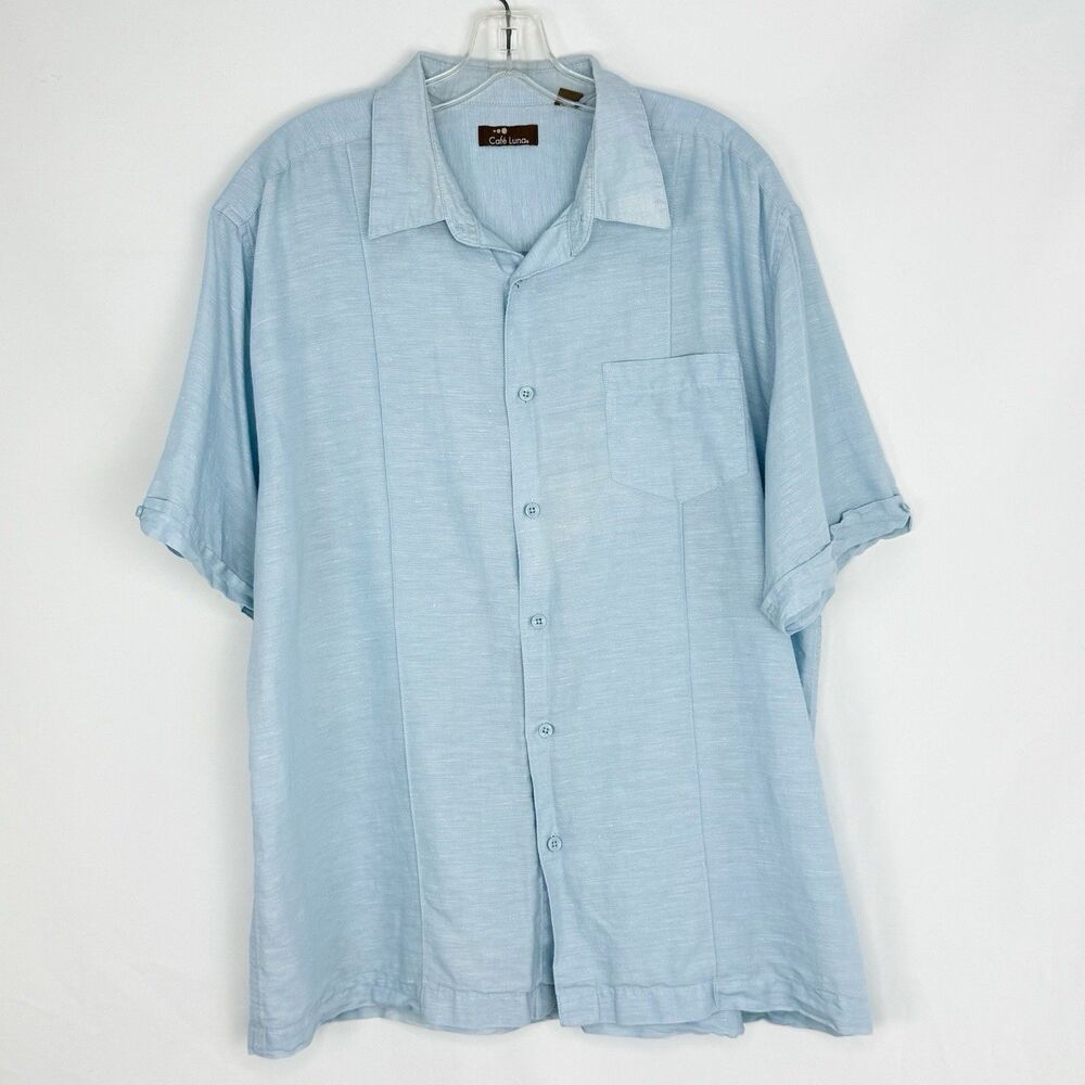 MENS BUTTON UP LINEN COTTON SHIRT BLUE XL SHORT SLEEVE CAFE LUNA LIGHT - Picture 2 of 16